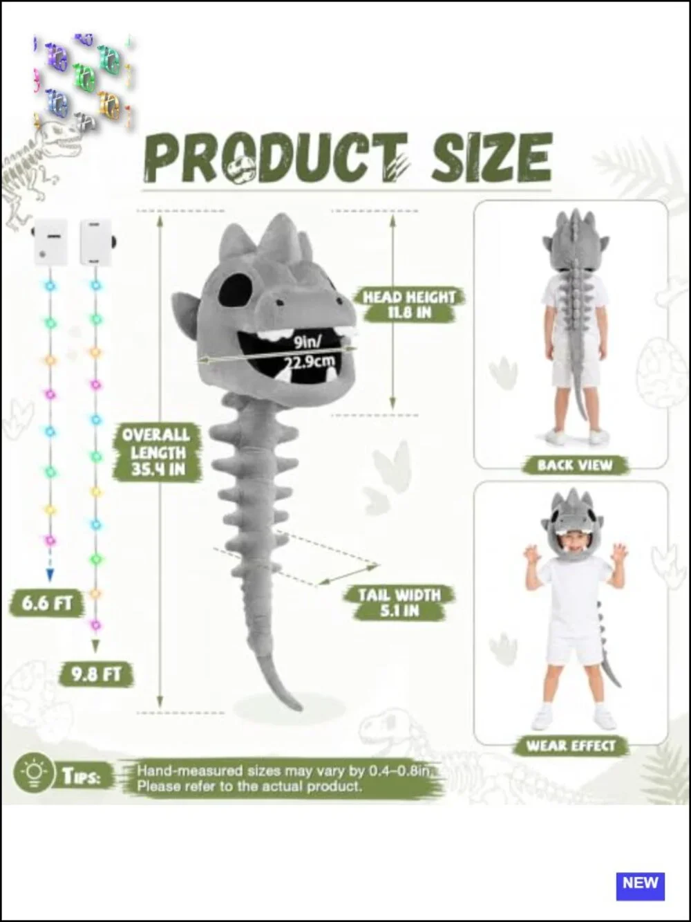 Light Up Dinosaur Skeleton Costume Kids Plush Dino Halloween Cosplay 3-8Y